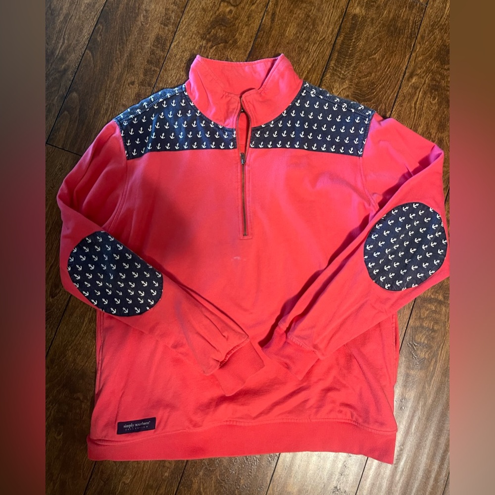 Women’s medium Simply Southern quarter zip pullover. Red with navy anchors.